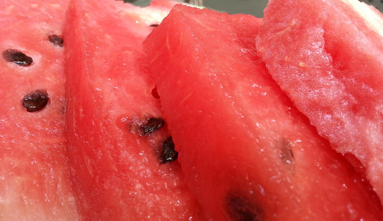 melon, red, fruit, slice, melon seeds