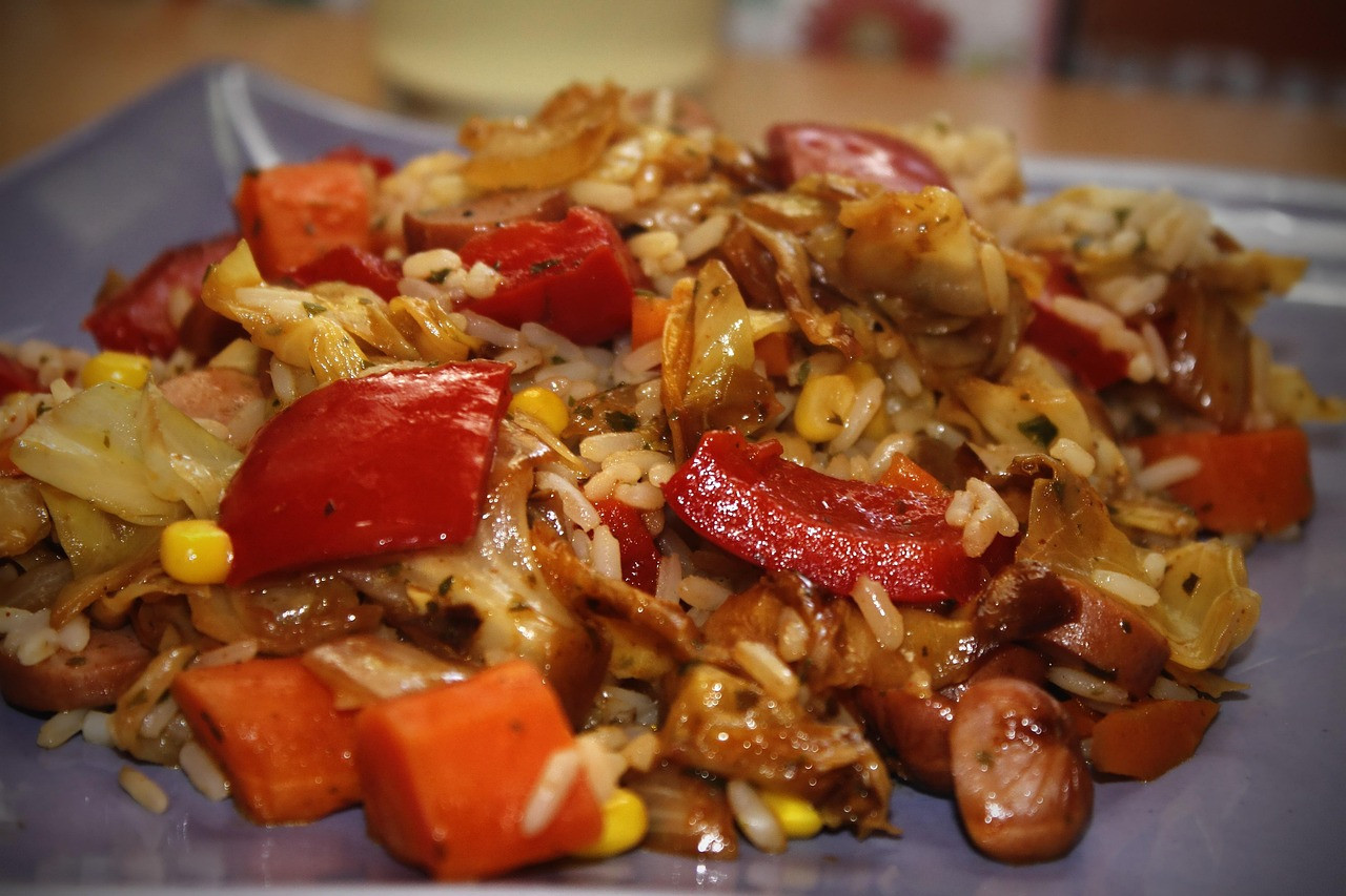 rice pan, rice, sausage, potatoes, cook, having lunch, delicacies, gourmet, lunch, meal, food, plate