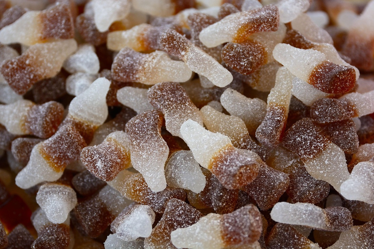 cola, sweetness, haribo, food, sugar, cute, hand made sweets, treat, confectionery, chewy candies, brown, coloured, sucking candies, calories, chew, fun