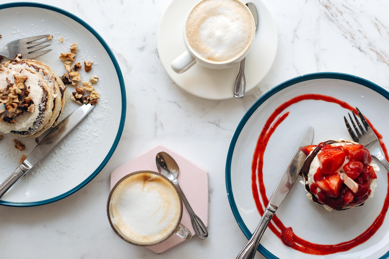 pancakes, coffee, food, breakfast, snack, dessert, meal, drink, beverage, caffeine, cup, pastry, american breakfast, strawberry, chocolate, cake, cream, tasty, coffee cup, delicious, morning, homemade, top view, closeup