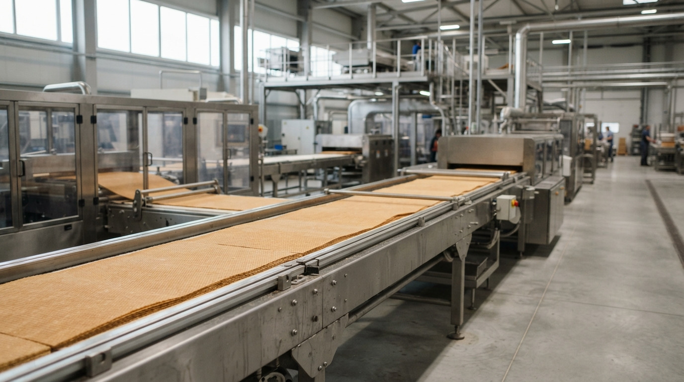 Linia produkcyjna wafli w zakladzie cukierniczym, arkusze wafla na tasmie