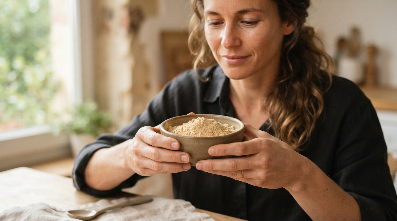 a person holding a bowl of maca powder
