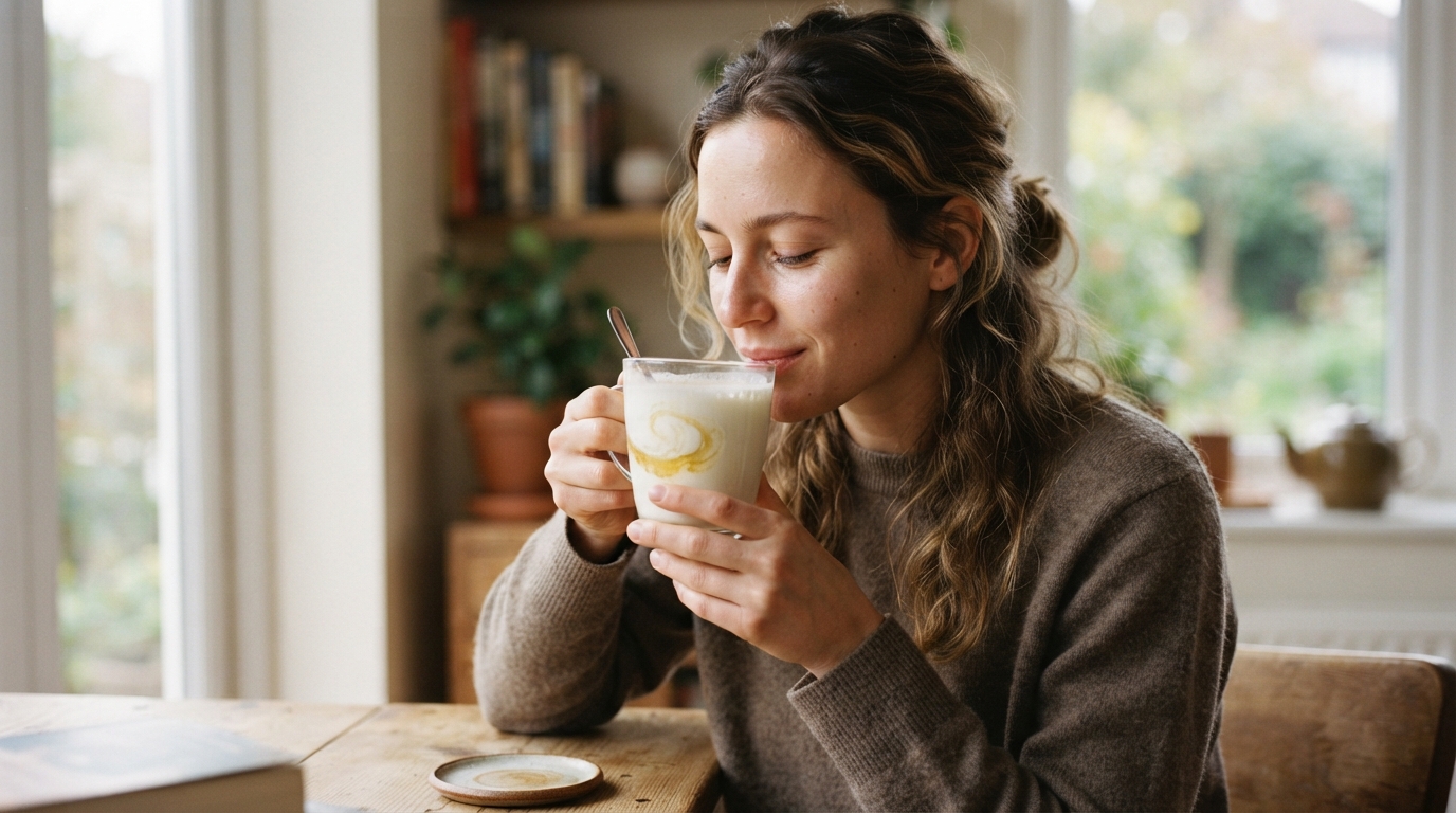 a person drinking a glass of warm milk with honey
