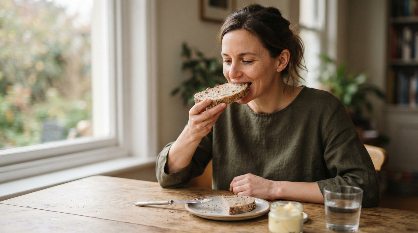 a person eating a slice of bread at a table