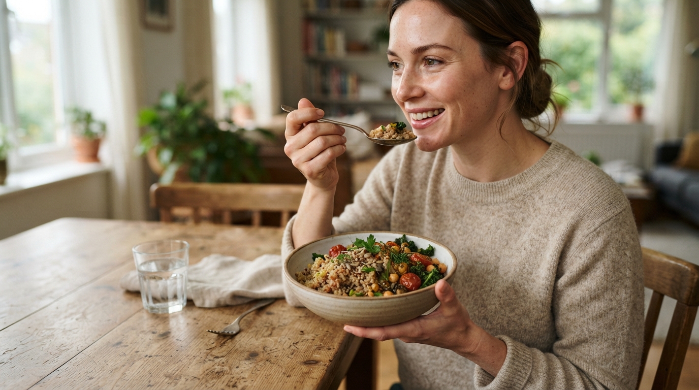 a bowl of cooked grains on a wooden table