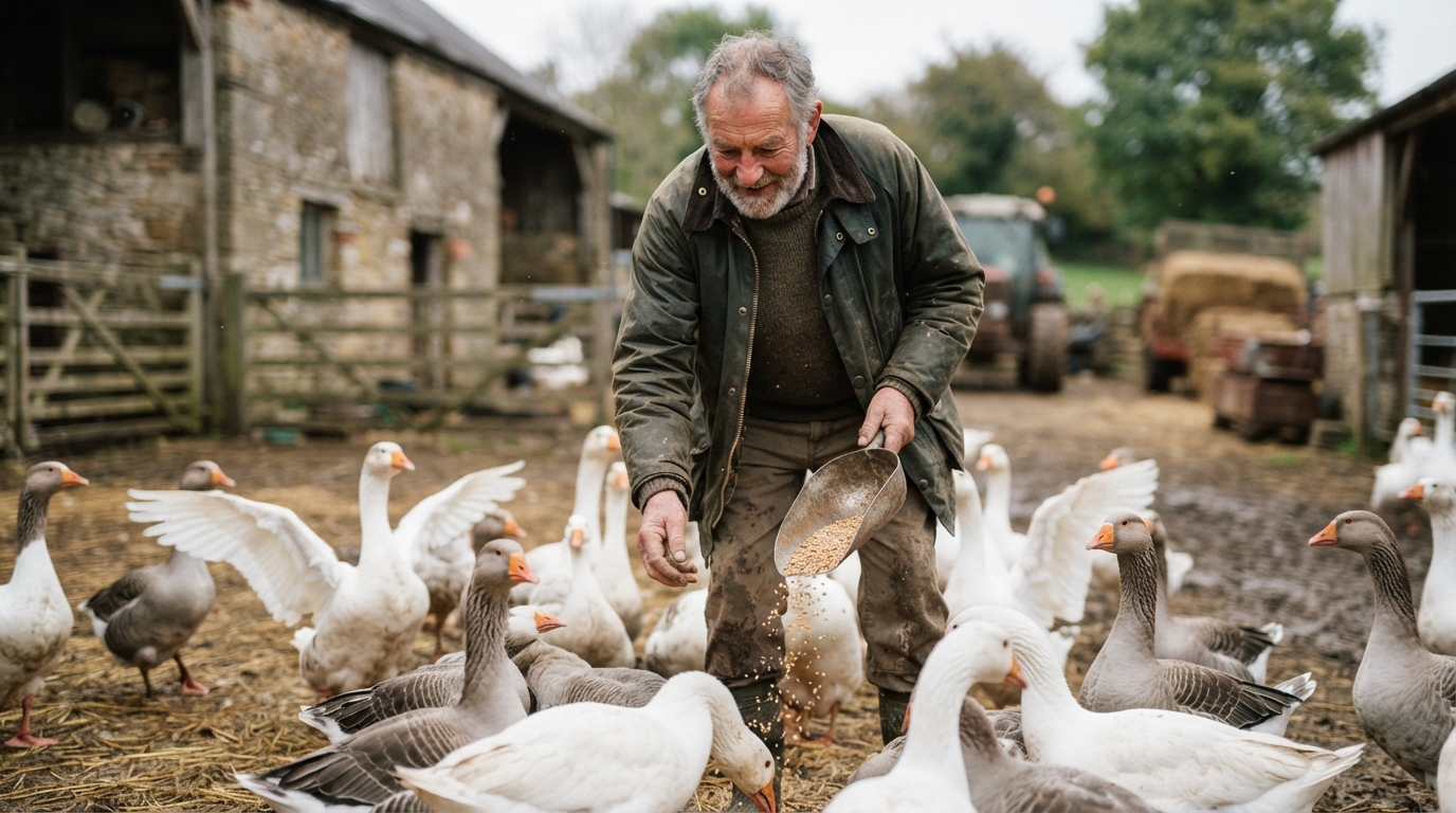 a farmer feeding geese in a barnyard