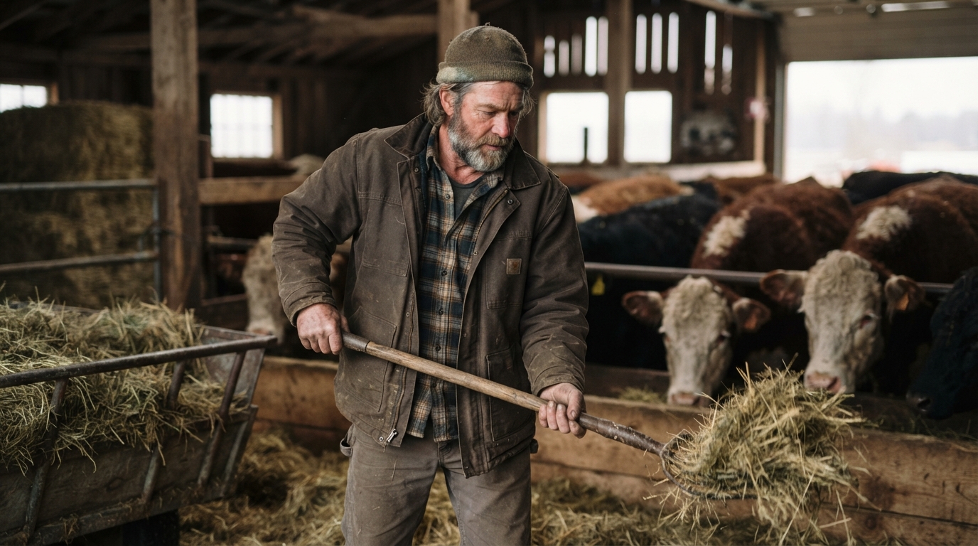 a farmer feeding cattle in a barn