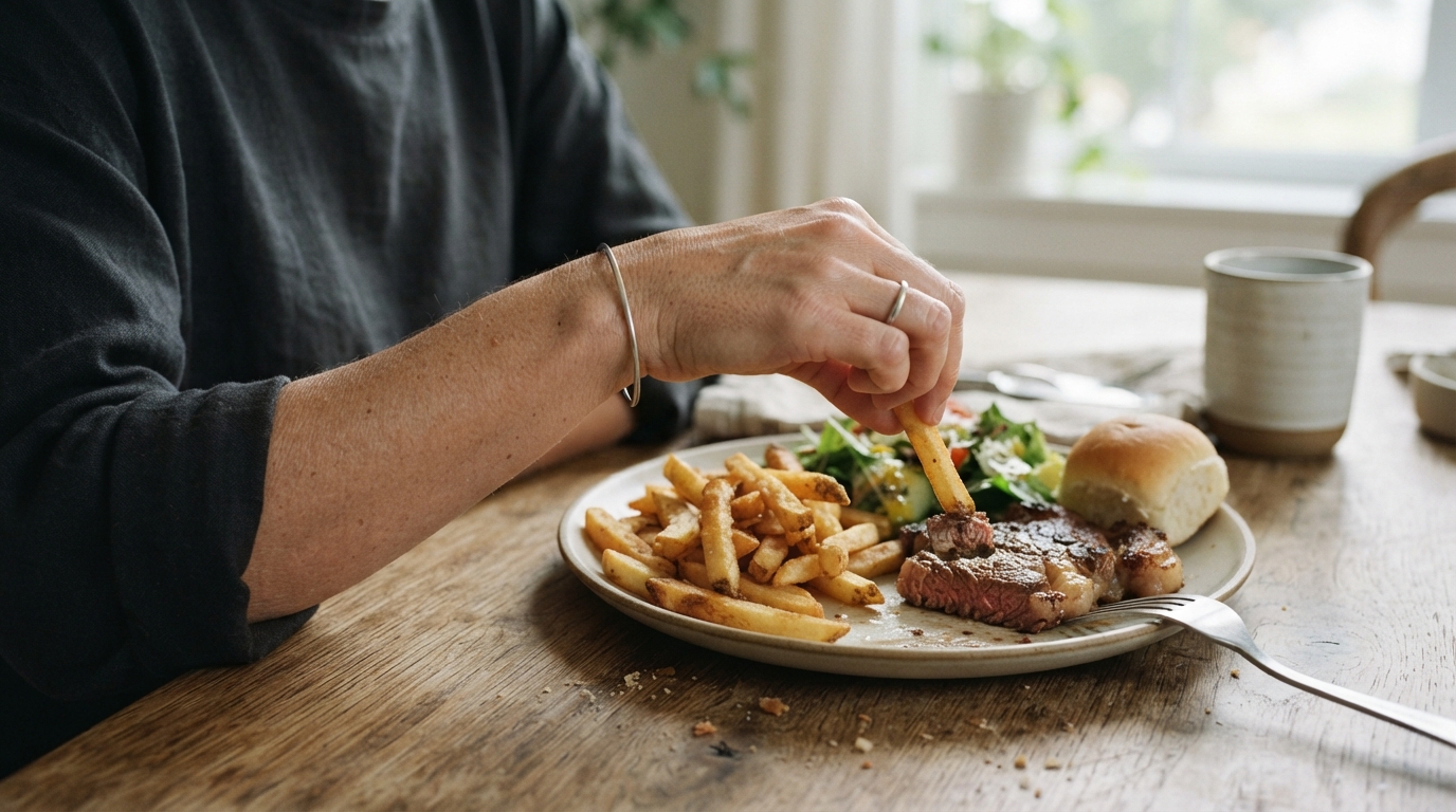 a person choosing between fatty and carbohydrate-rich foods on a plate