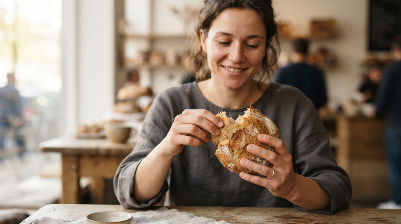 a person holding a bread roll