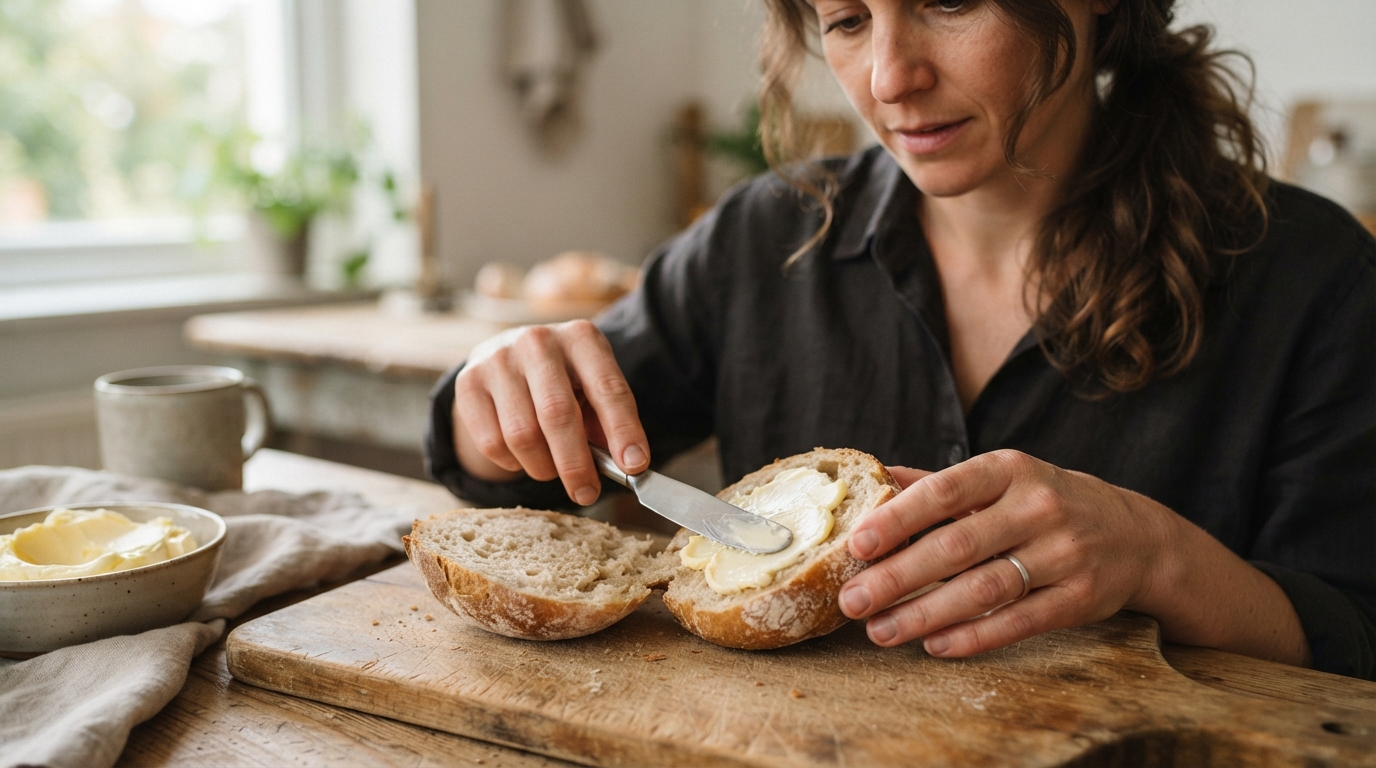 a person spreading butter on a bread roll