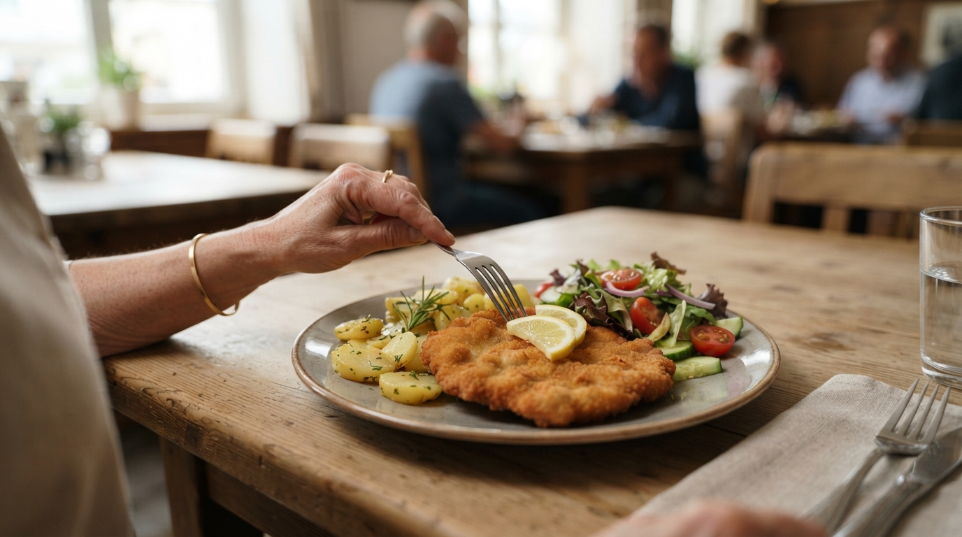 a plate of breaded meat with potatoes and a side of salad