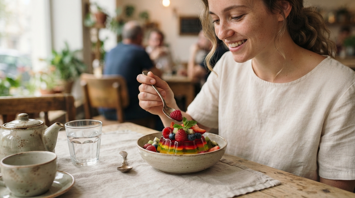 a bowl of colorful jelly dessert with fresh fruit on a table