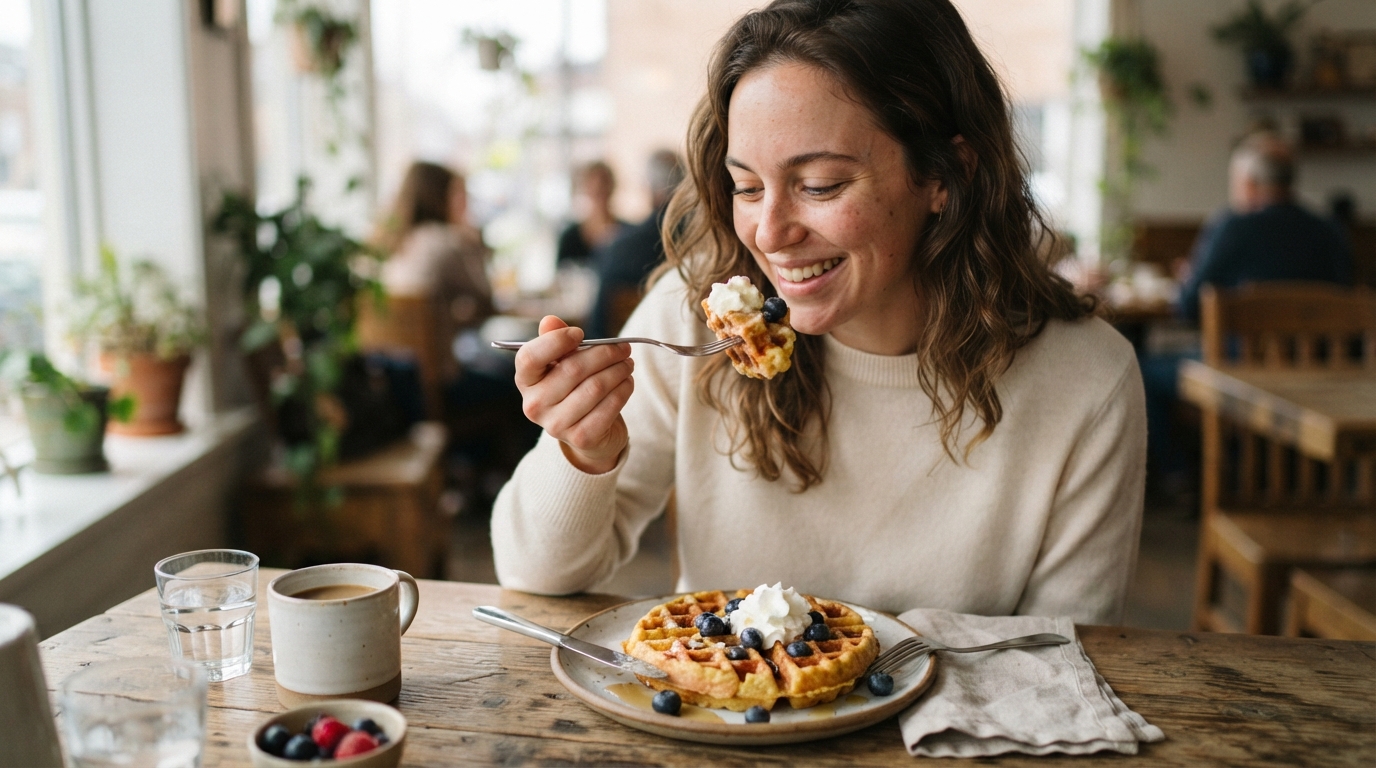 a person eating a corn waffle at a table