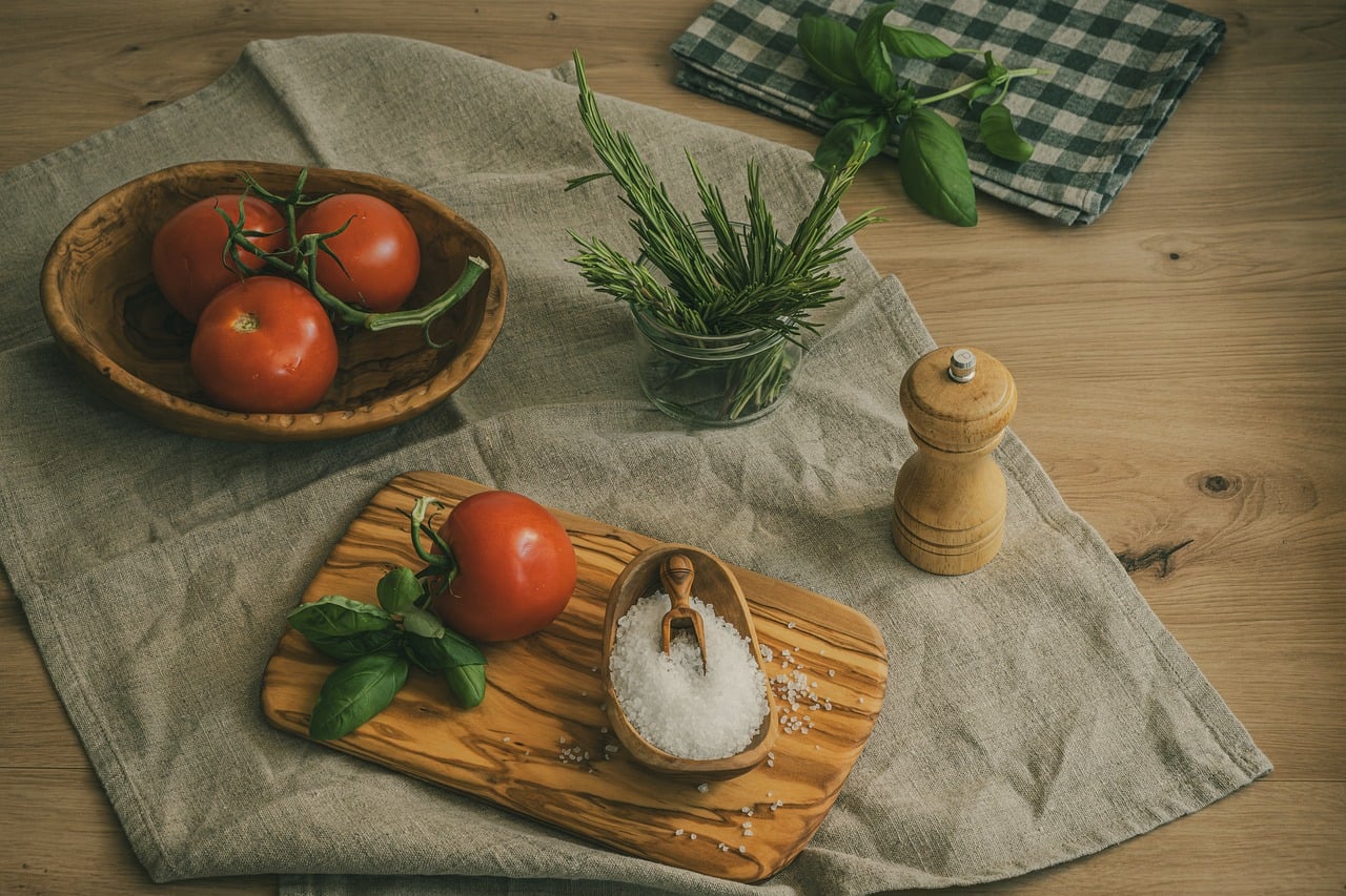 tomatoes, rosemary, basil, salt, pepper, spices, olive wood, wooden block, tablecloth, herb drying, kitchen table, scandinavian style, rustic kitchen, eco cooking, food preservation, modern kitchen, table setting, vegetarian cuisine, home cooking, natural ingredients