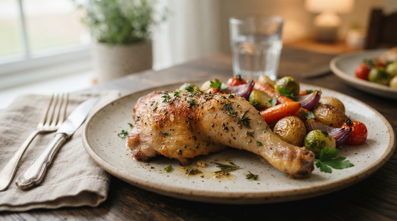 a roasted chicken leg on a dinner plate with vegetables