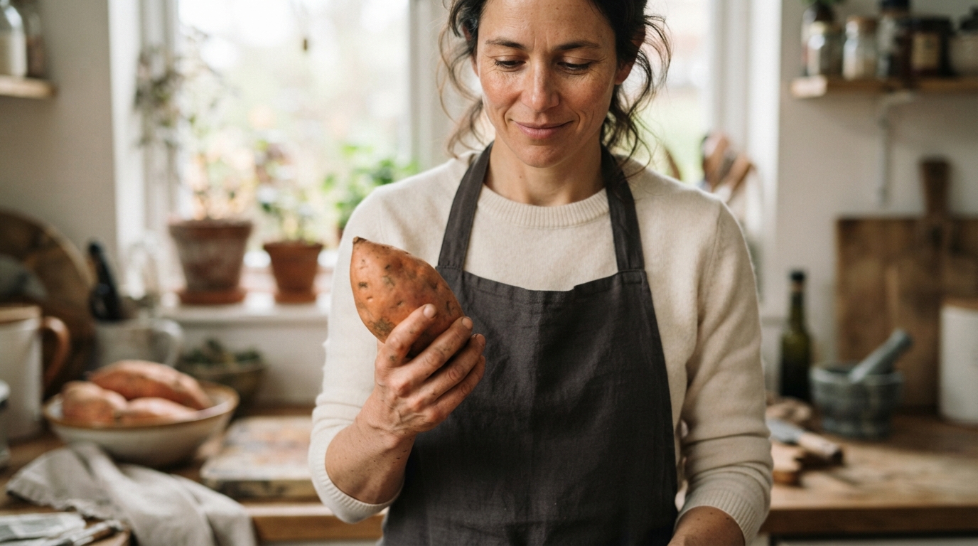 a person holding a sweet potato in a kitchen