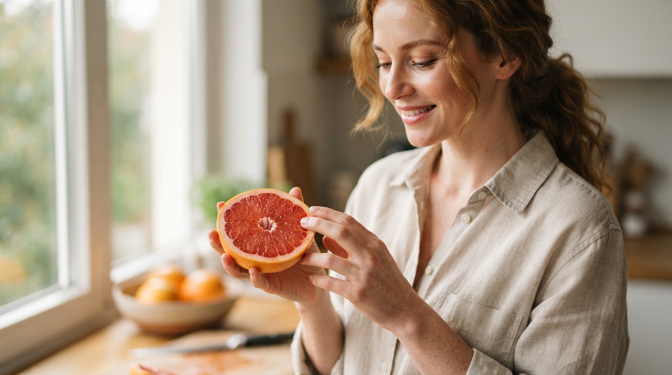 a person holding a halved grapefruit