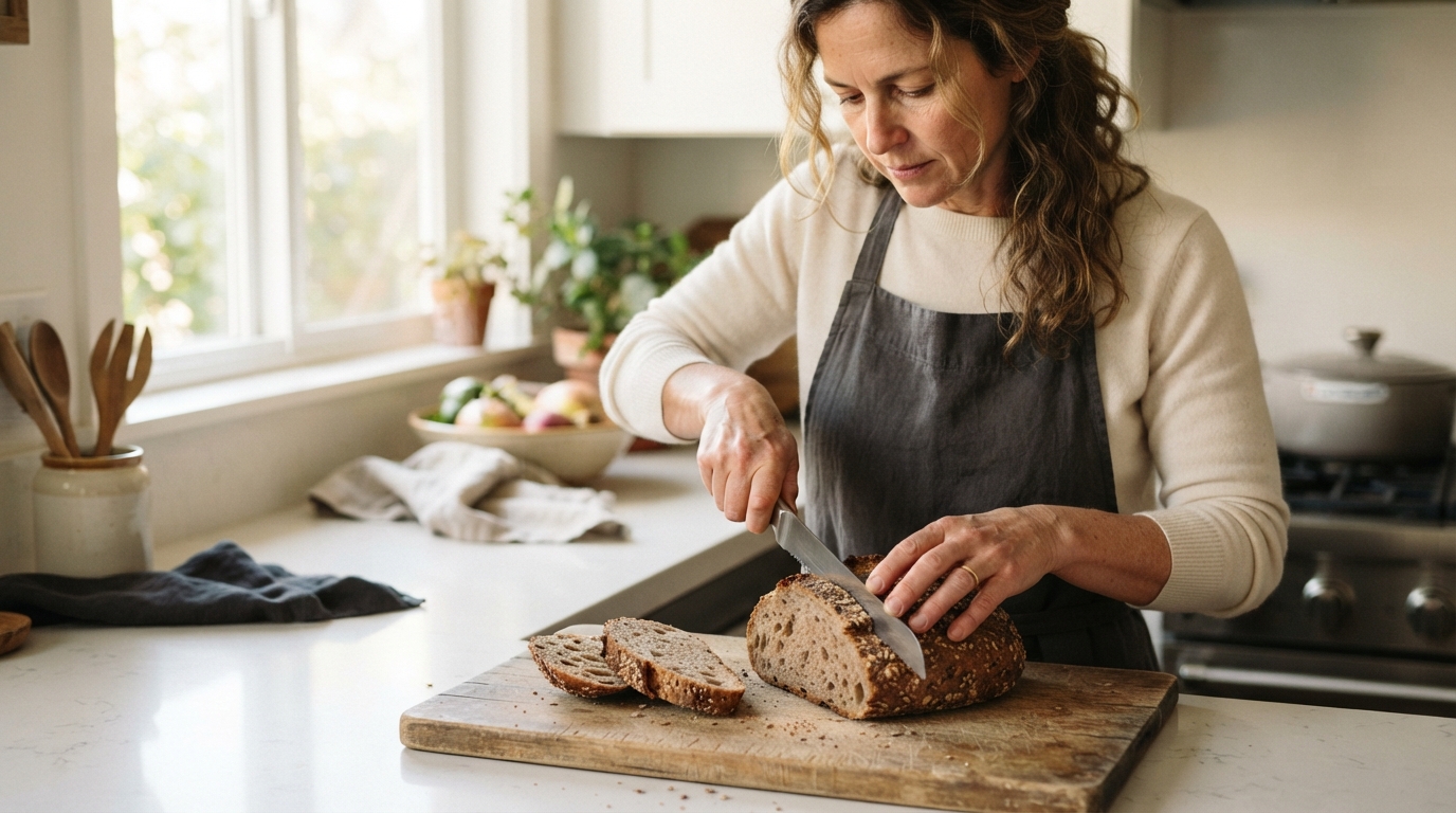a person slicing a loaf of whole-grain bread on a kitchen counter