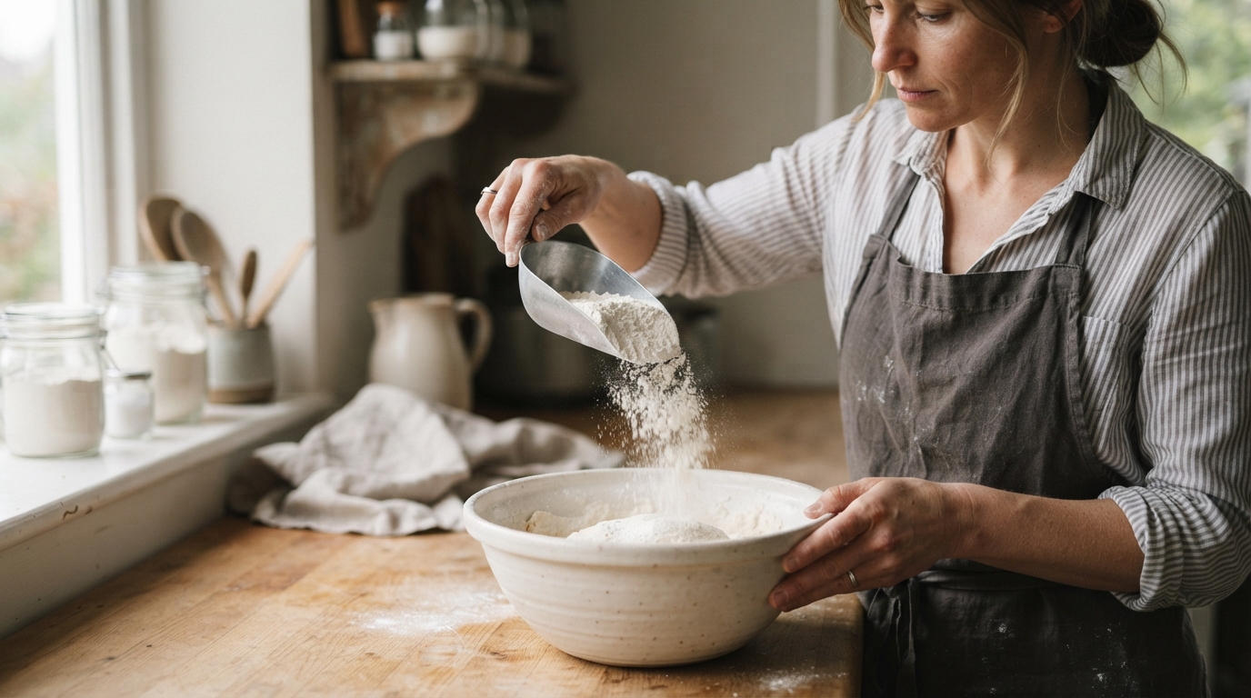 a person holding a scoop of flour over a bowl
