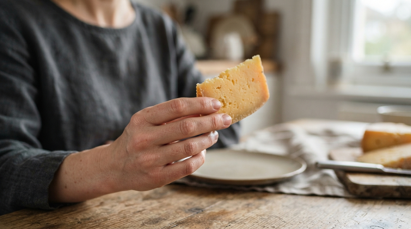 a person holding a slice of cheese