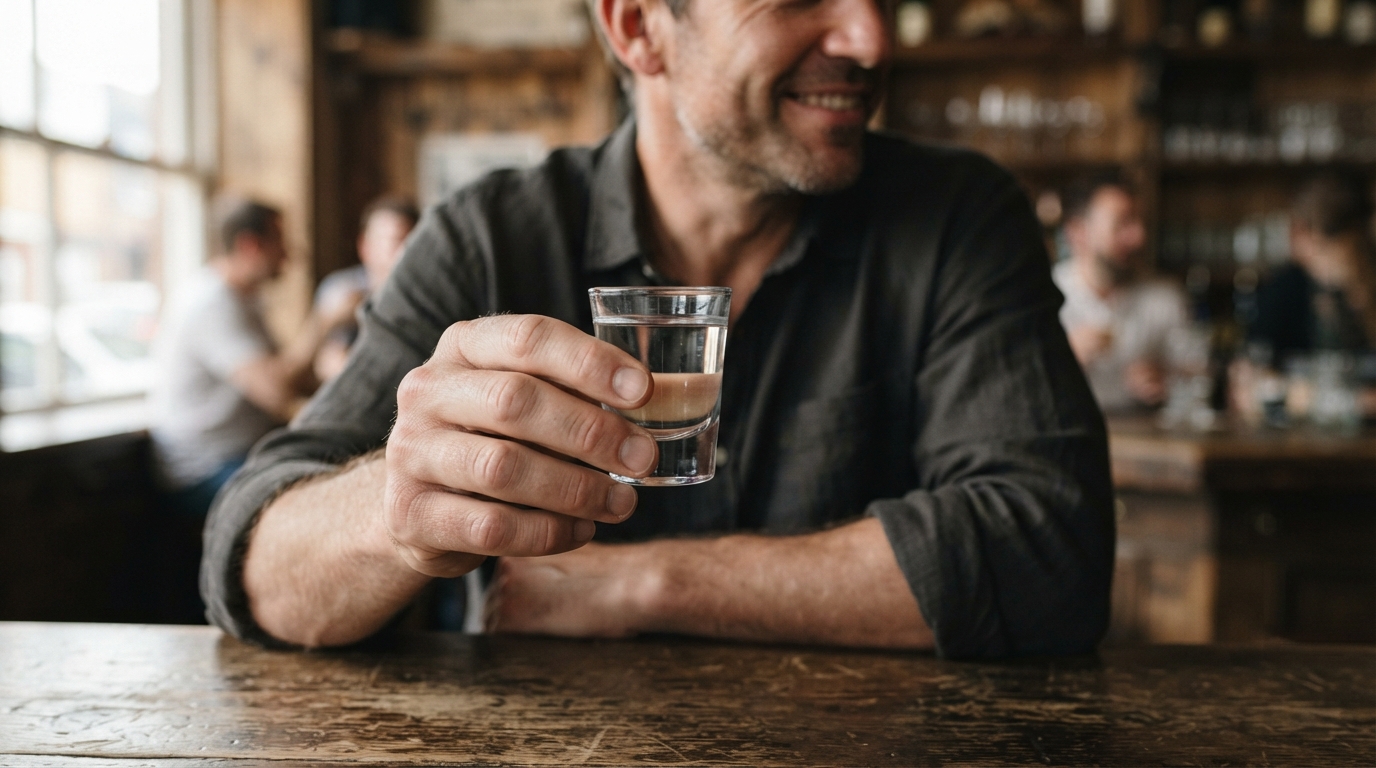 a person holding a shot glass of clear alcohol