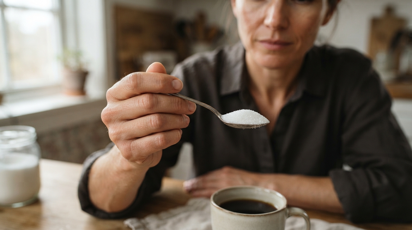 a person holding a spoon of white crystalline sweetener