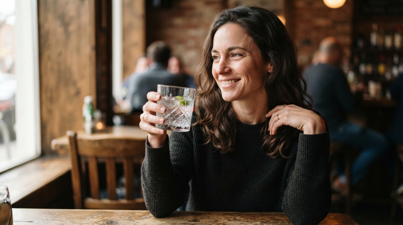 a person holding a glass of clear alcohol