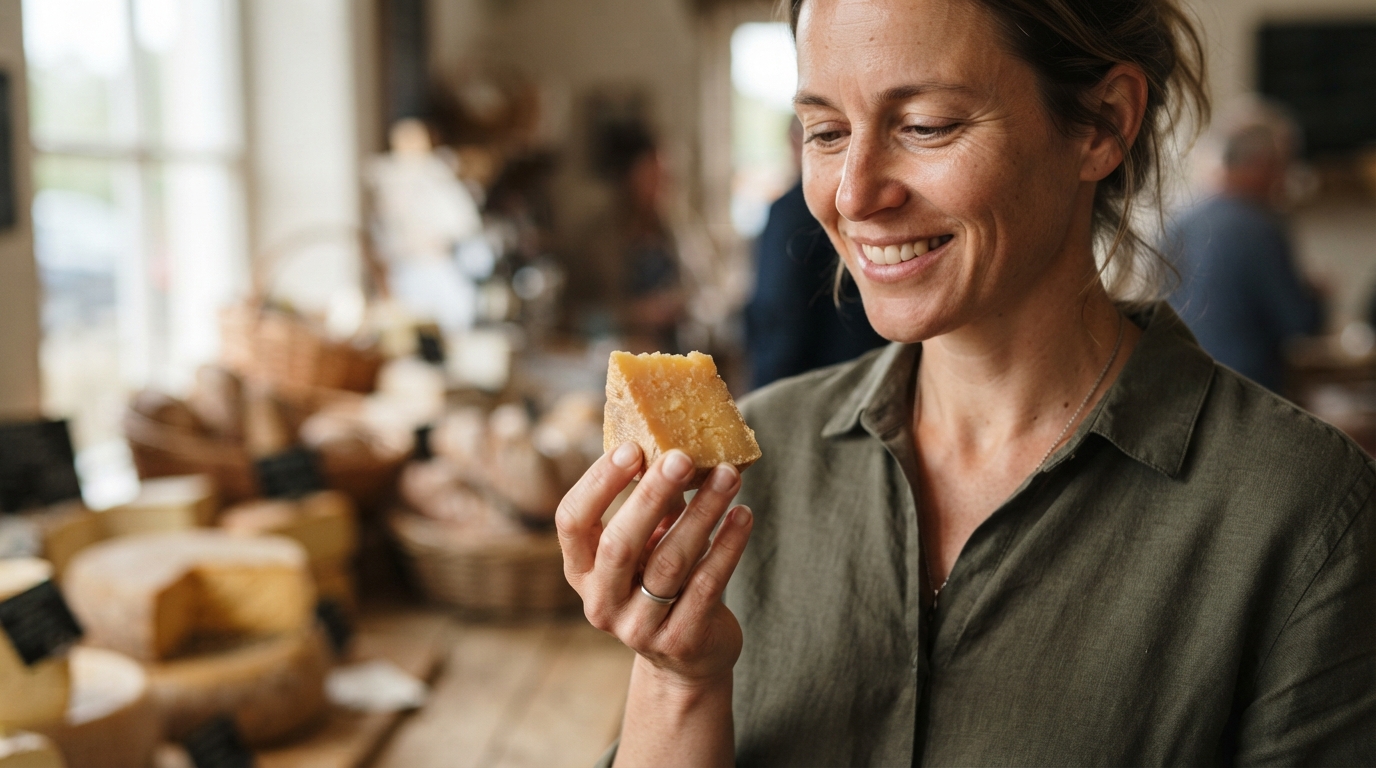 a person holding a piece of cheese