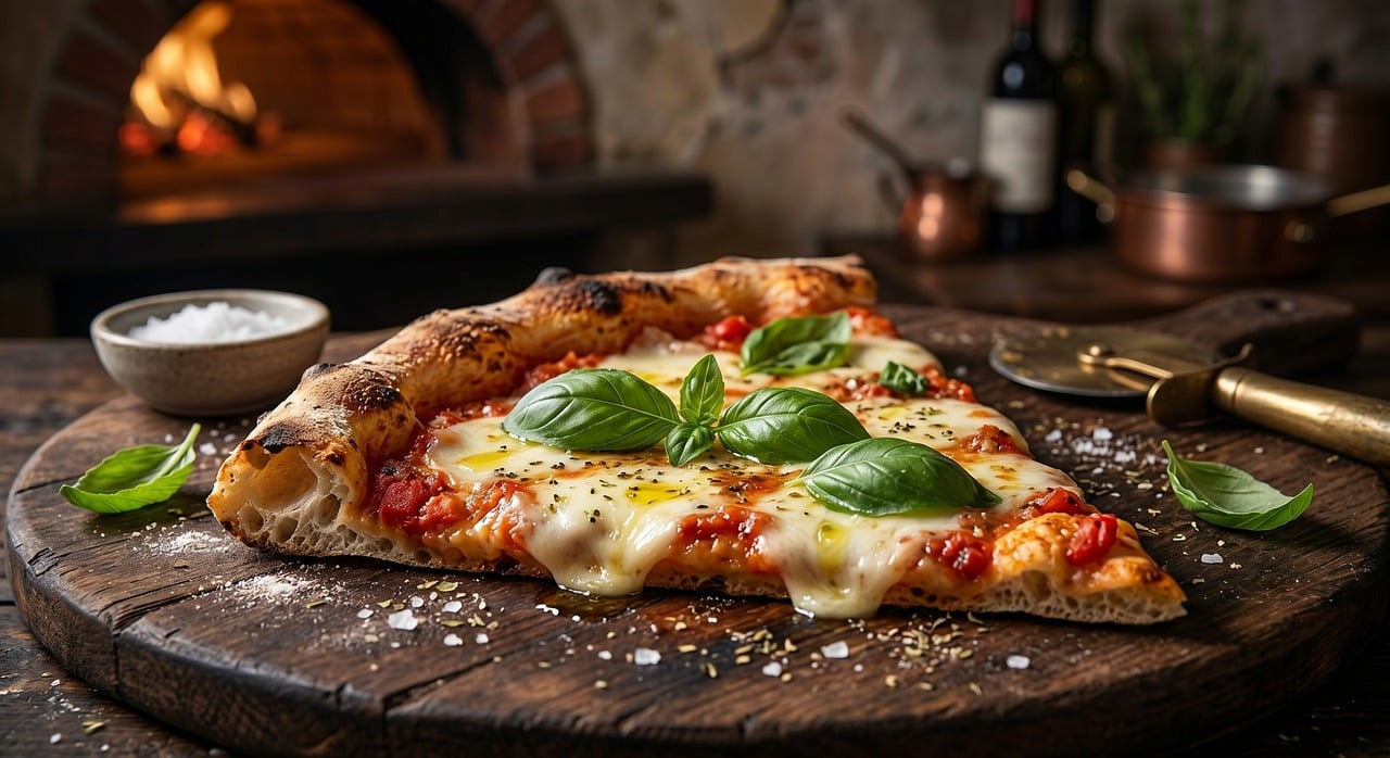 pizza gourmet, pizza z pieca na drewno, pizza neapolitańska, kawałek pizzy, stopiony mozzarella, sos pomidorowy, świeże liście bazylii, mżawka oliwy z oliwek, kryształy soli morskiej, drewniana deska do serwowania, krajalnica do pizzy, tło pieca do pizzy, polano w ogniu, rustykalna restauracja, włoska kuchnia, klasyczna margherita, chrupiąca skórka, czosnek w tle, miedziane patelnie, tło piekarnika