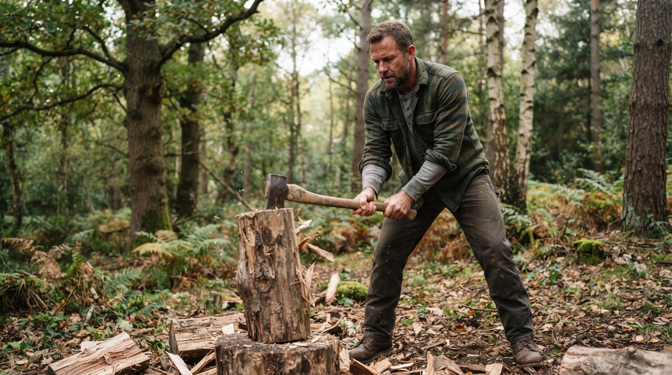 a man chopping wood in a forest