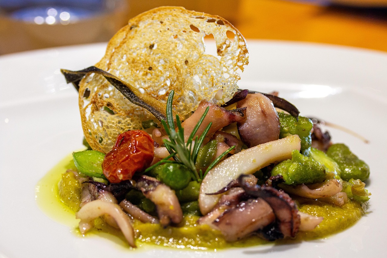 gourmet, gastronomy, meal, restaurant, broad bean, seafood, octopus