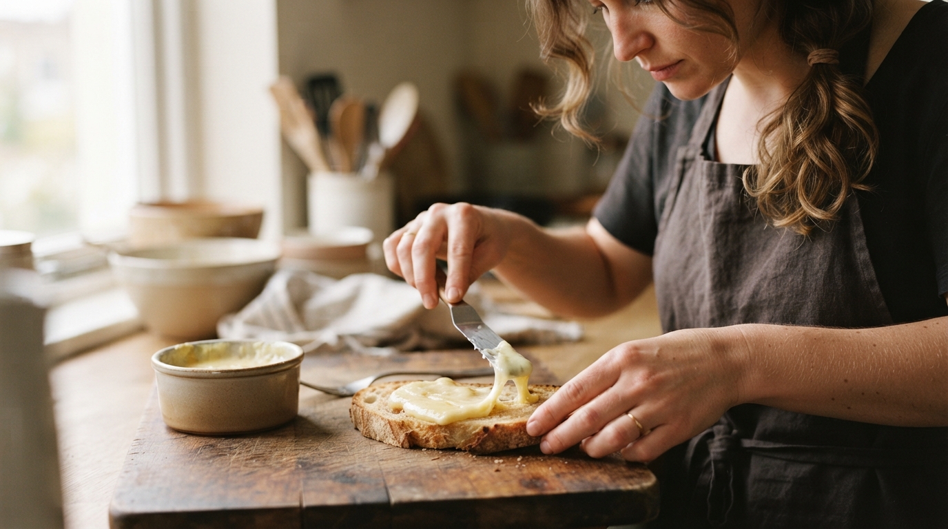 a person spreading melted cheese on a slice of bread