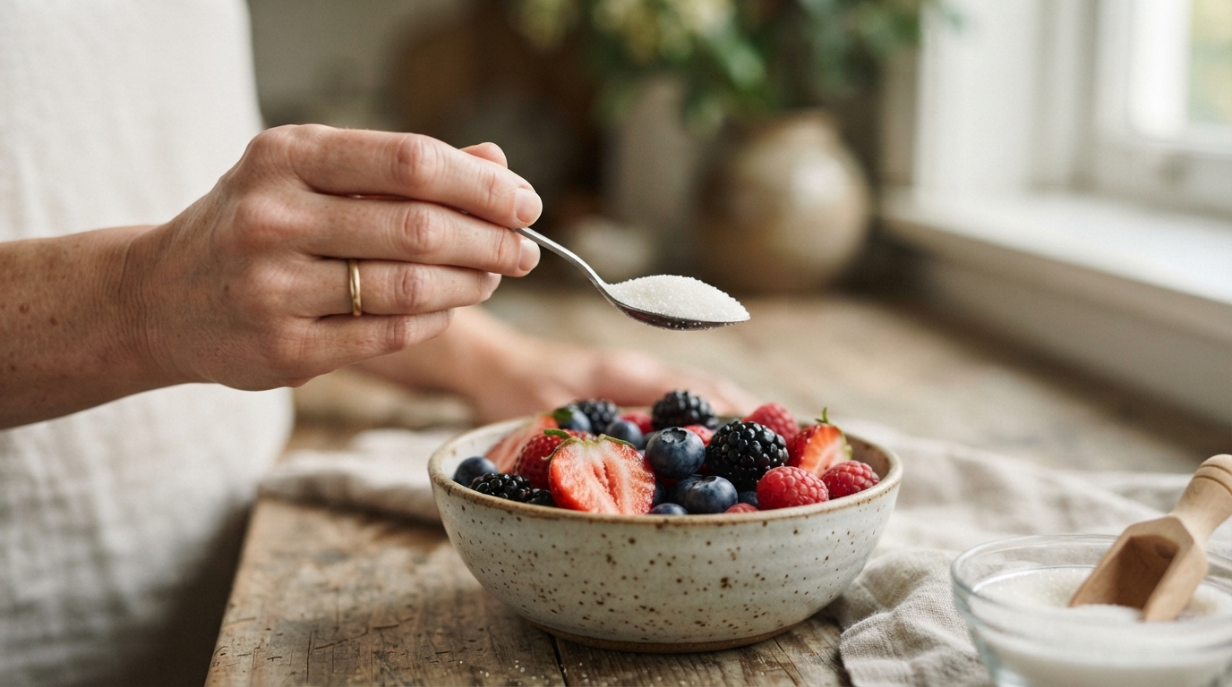 a person holding a spoonful of granulated sweetener next to a bowl of fruit