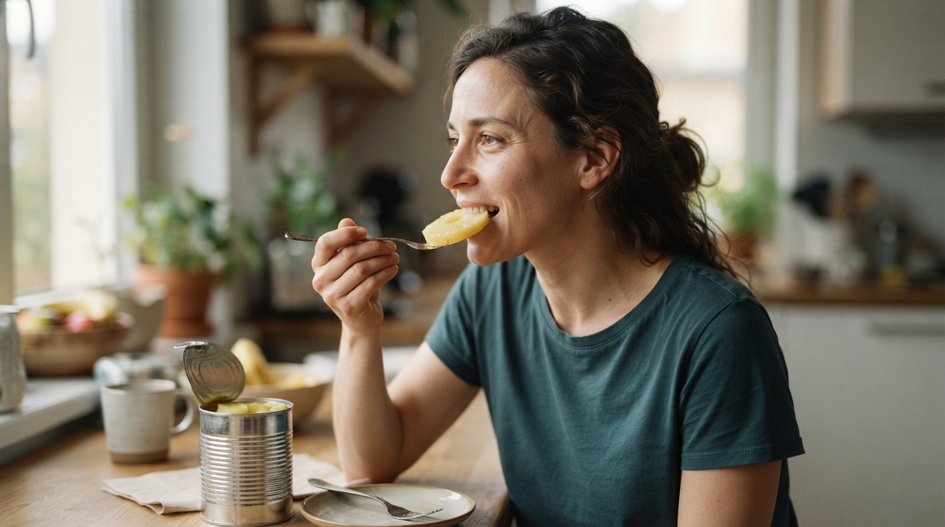 a person eating a slice of pineapple from a can