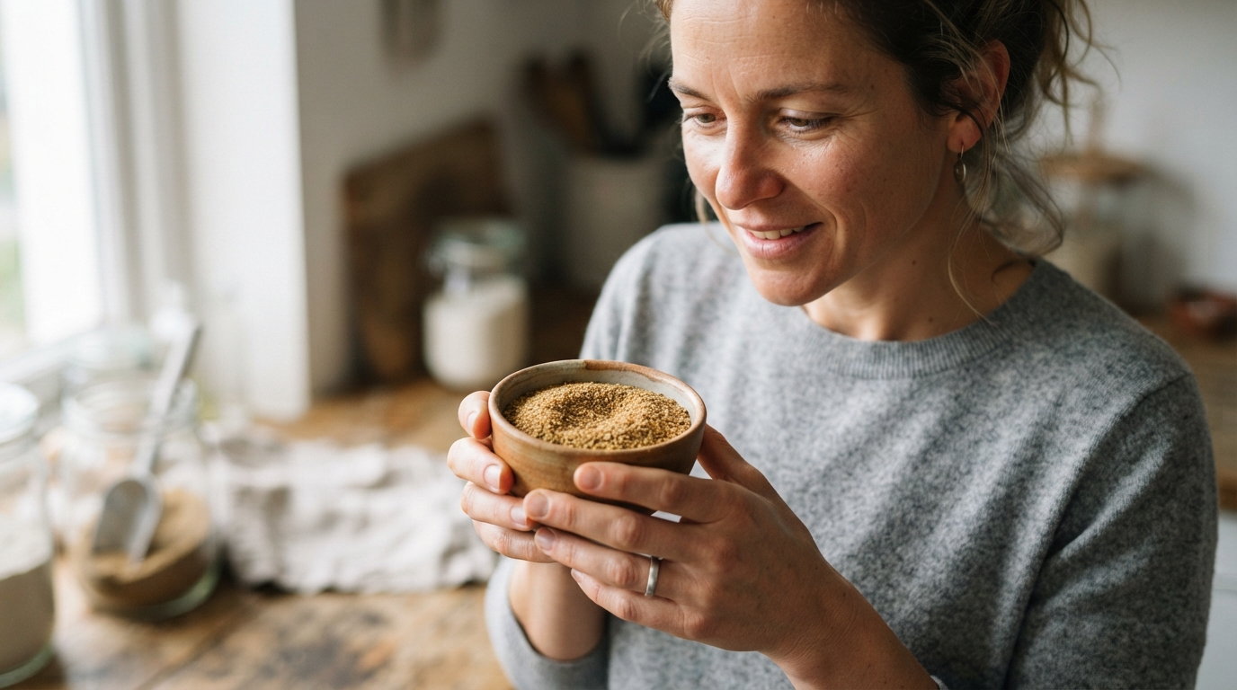 a person holding a small bowl of ground flaxseed