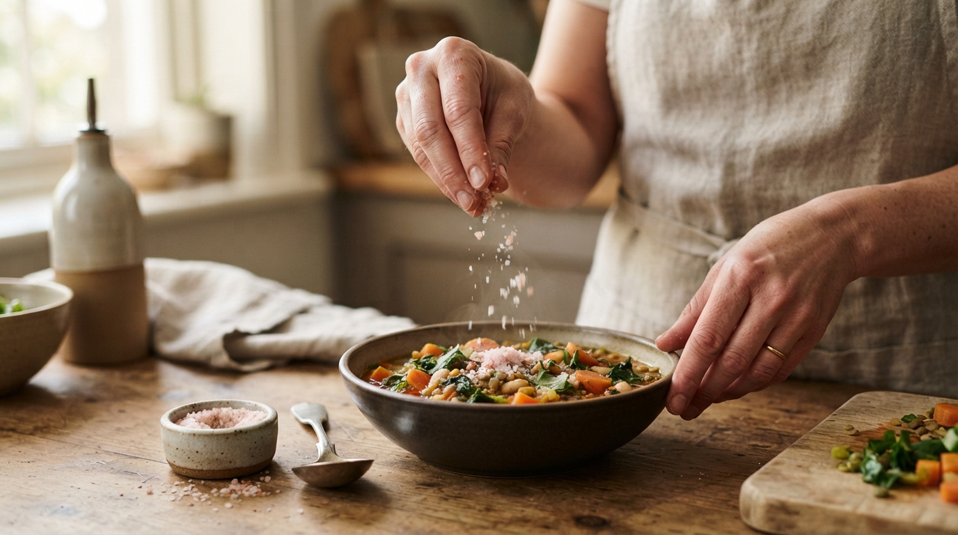 a person holding a pinch of pink salt over a bowl
