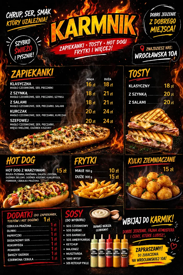 KARMNIK - Zapiekanki, tosty, frytki, hot-dog - Restauracja Legnica